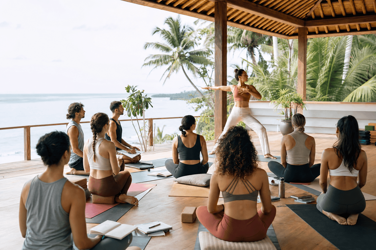 Yoga teacher trainees learning in an open-air coastal shala