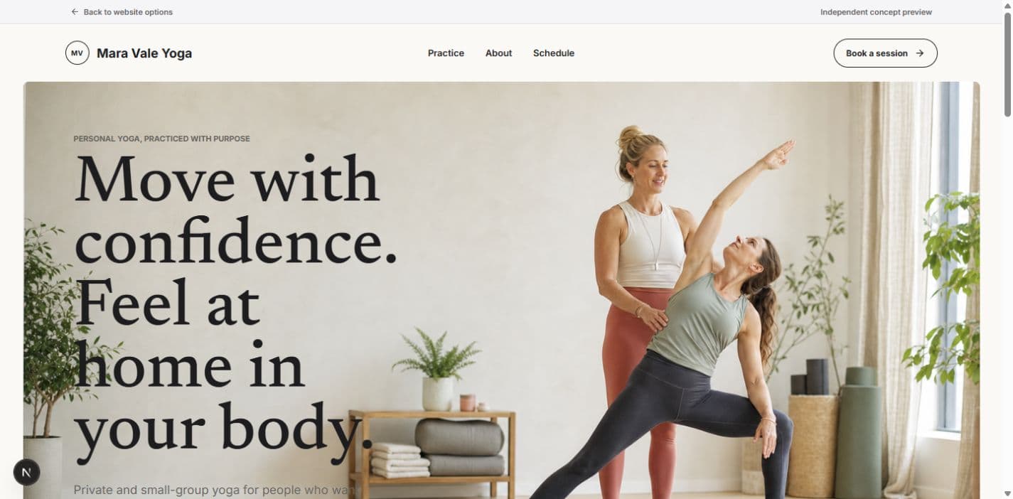 Preview of the Mara Vale yoga teacher homepage